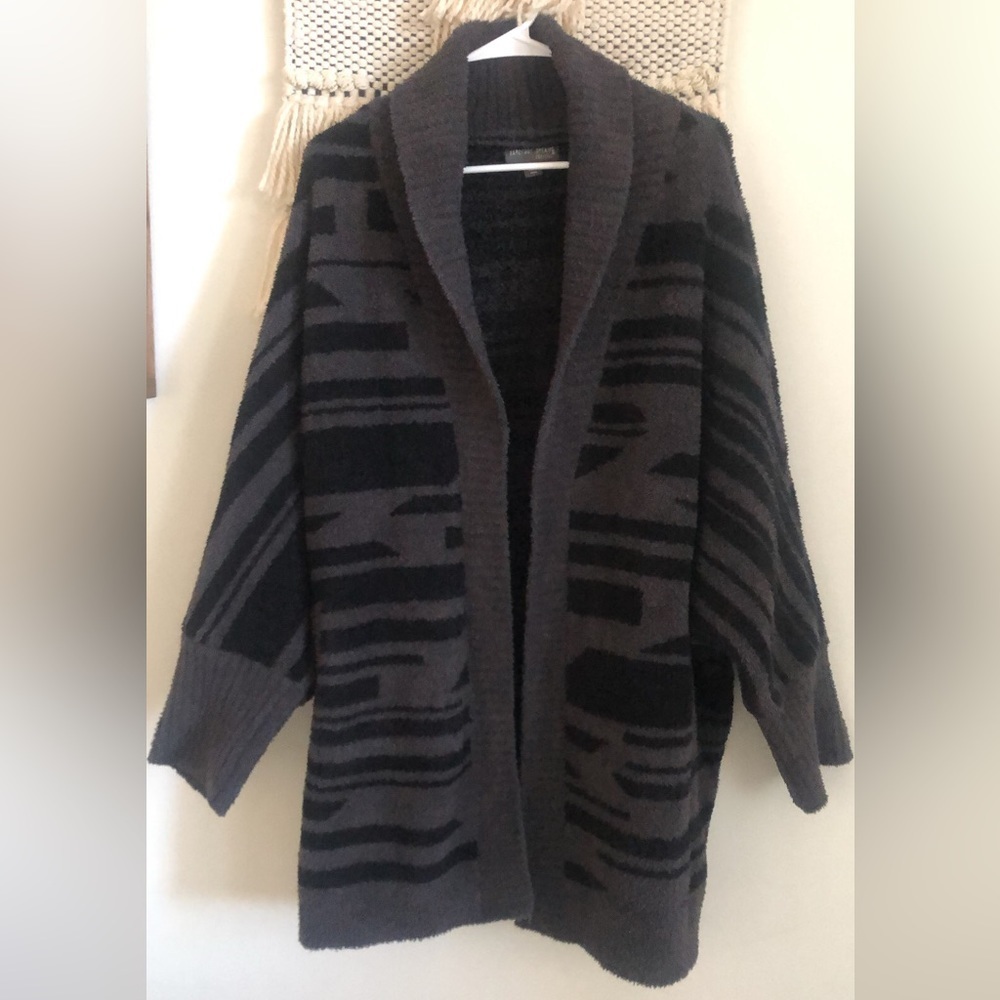 Barefoot Dreams Cozy Chic Geometric Print Plush Cardigan Carbon Black/Green